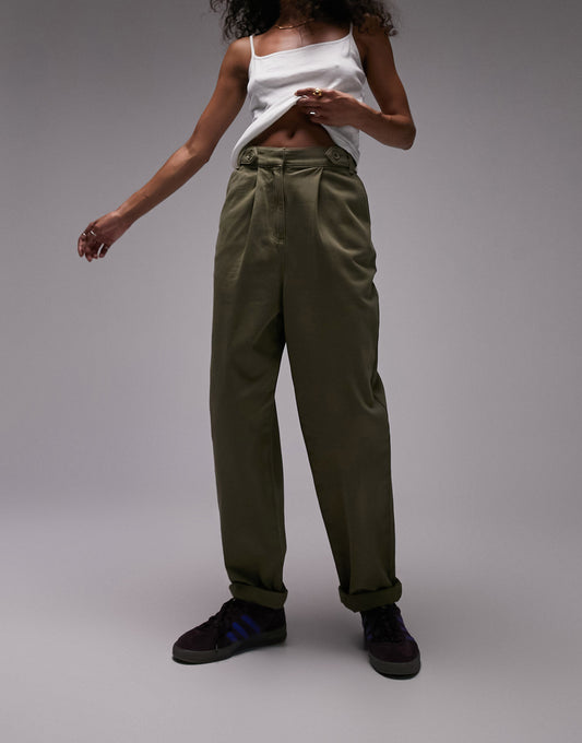 Topshop button tab peg trouser in khaki