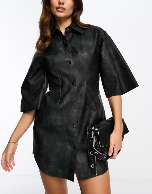 ASOS DESIGN leather look mini shirt dress in washed black