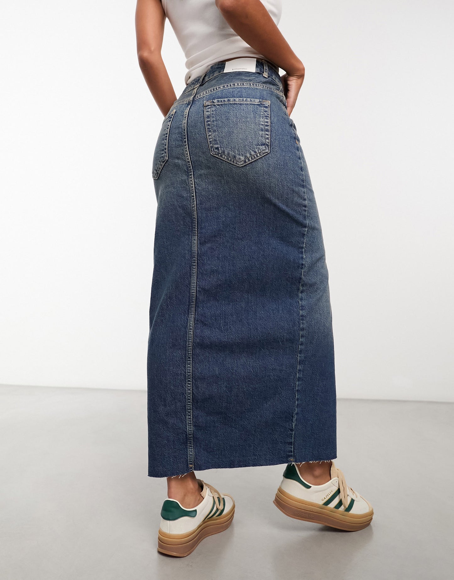 Stradivarius denim midi skirt with front split in vintage wash blue