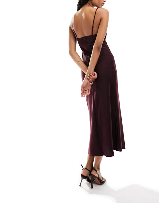 ASOS DESIGN satin midaxi dress with velvet bust and cut out in burgundy