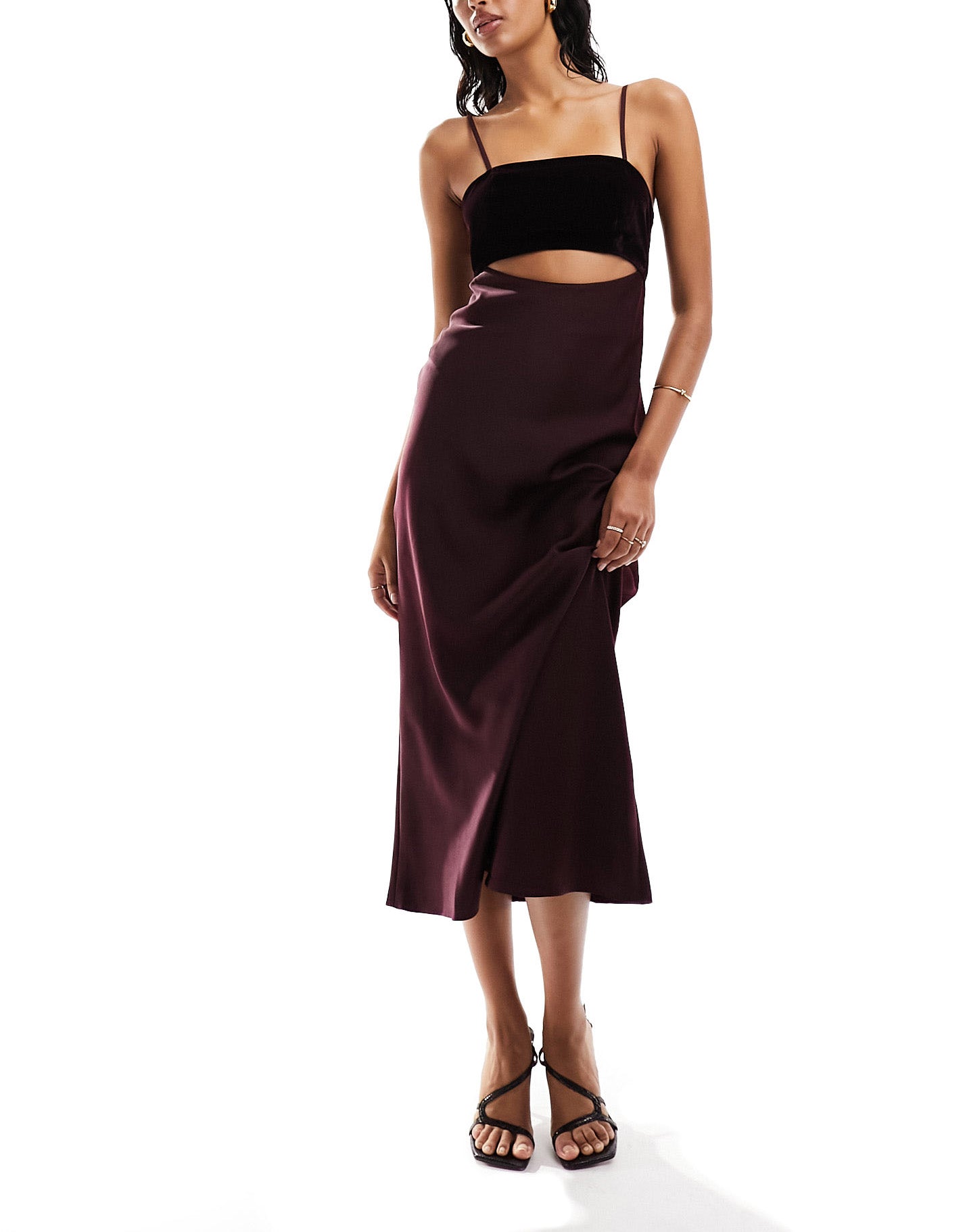 ASOS DESIGN satin midaxi dress with velvet bust and cut out in burgundy