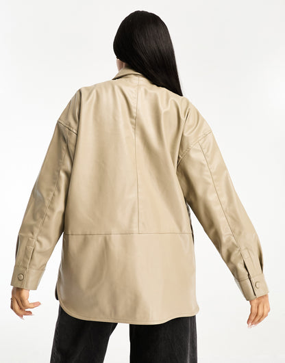 Pull&Bear faux leather overshirt in taupe