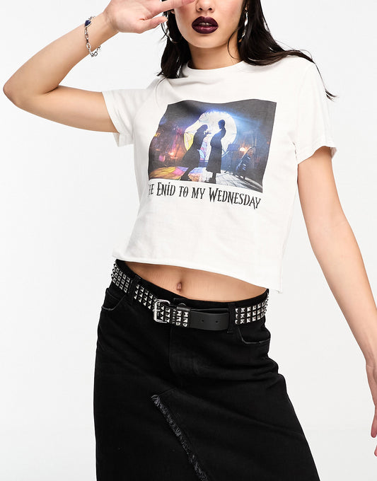 ASOS DESIGN Wednesday Addams baby tee with film still slogan licence graphic in white