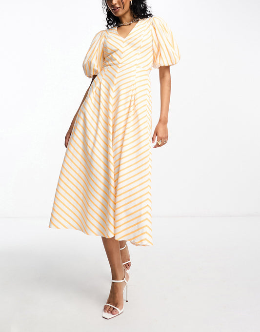 River Island puff sleeve midi dress in orange stripe