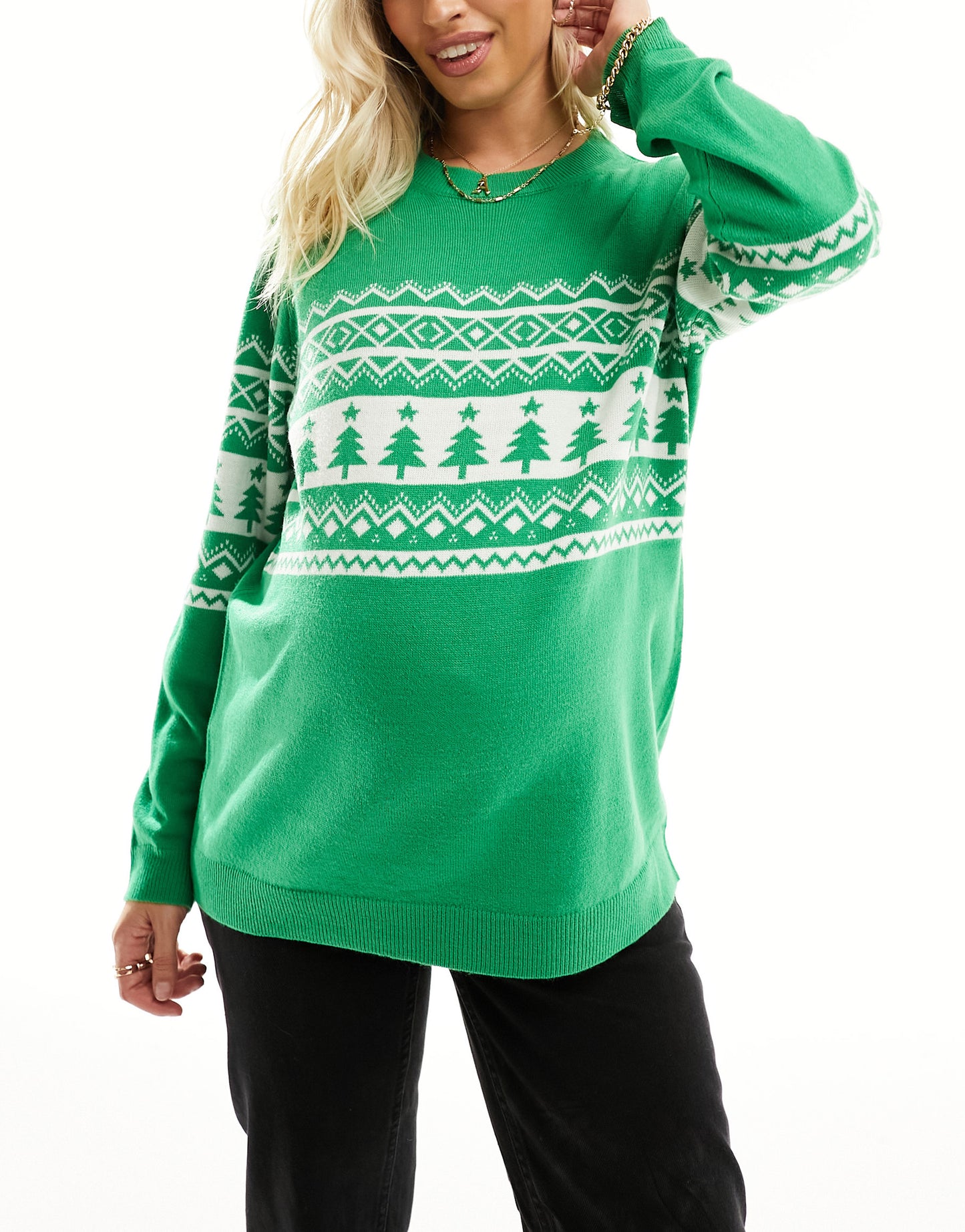 ASOS DESIGN Maternity Christmas jumper with placement fairisle pattern in green