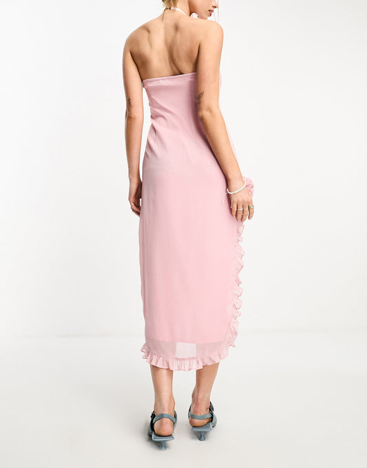 Motel corsage detail asymmetric bandeau mini dress in baby pink