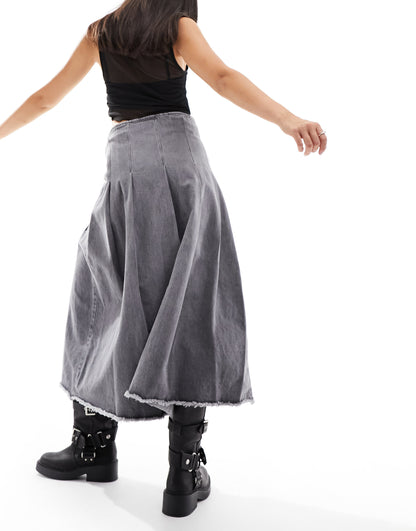 Basic Pleasure Mode angelica denim maxi kilt skirt in grey