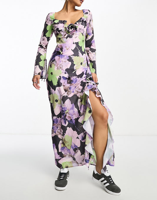 Sisters of the Tribe floral print long fluted sleeve ruffle maxi dress in multi