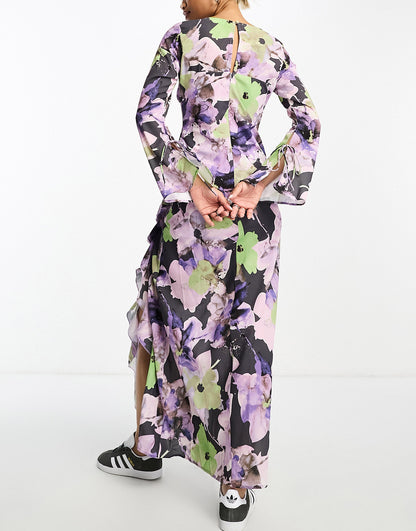 Sisters of the Tribe floral print long fluted sleeve ruffle maxi dress in multi