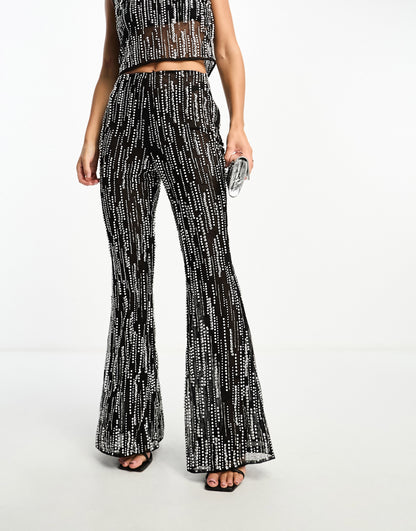 ASOS DESIGN embellished flare trouser co-ord in black and silver