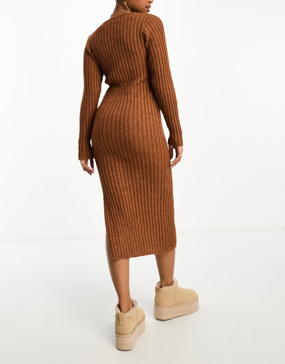 ASOS DESIGN square neck knitted midi dress in textured yarn in brown