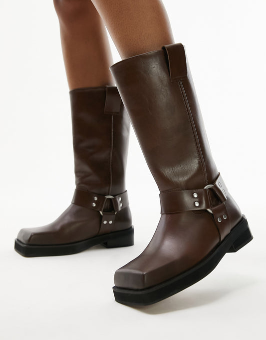 Topshop Ruby premium leather biker boot in brown