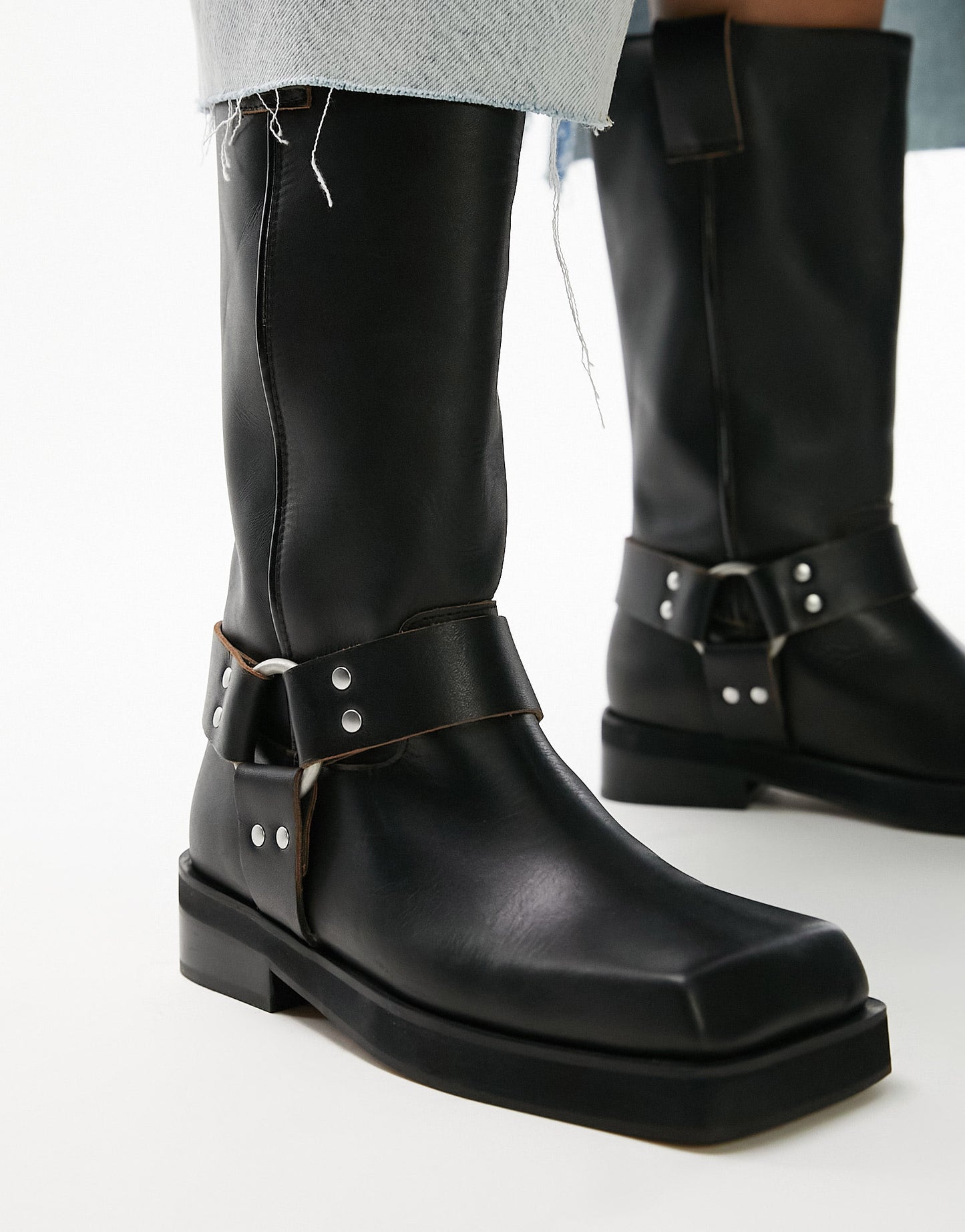 Topshop Ruby premium leather biker boot in black