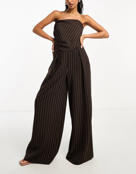 ASOS DESIGN bandeau jumpsuit in chocolate pinstripe