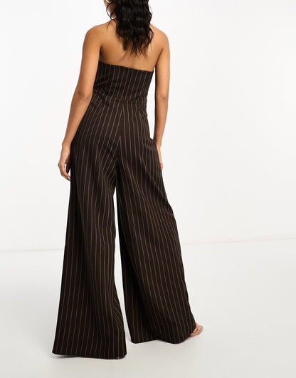 ASOS DESIGN bandeau jumpsuit in chocolate pinstripe