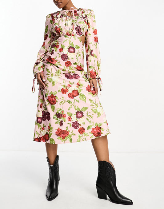 The Frolic rose garden floral print cut-out detail midi dress in dusty pink