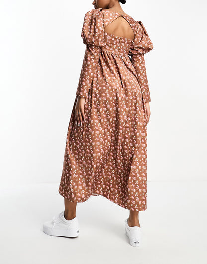 The Frolic autumn floral print puff sleeve maxi dress in brown