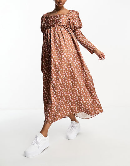 The Frolic autumn floral print puff sleeve maxi dress in brown