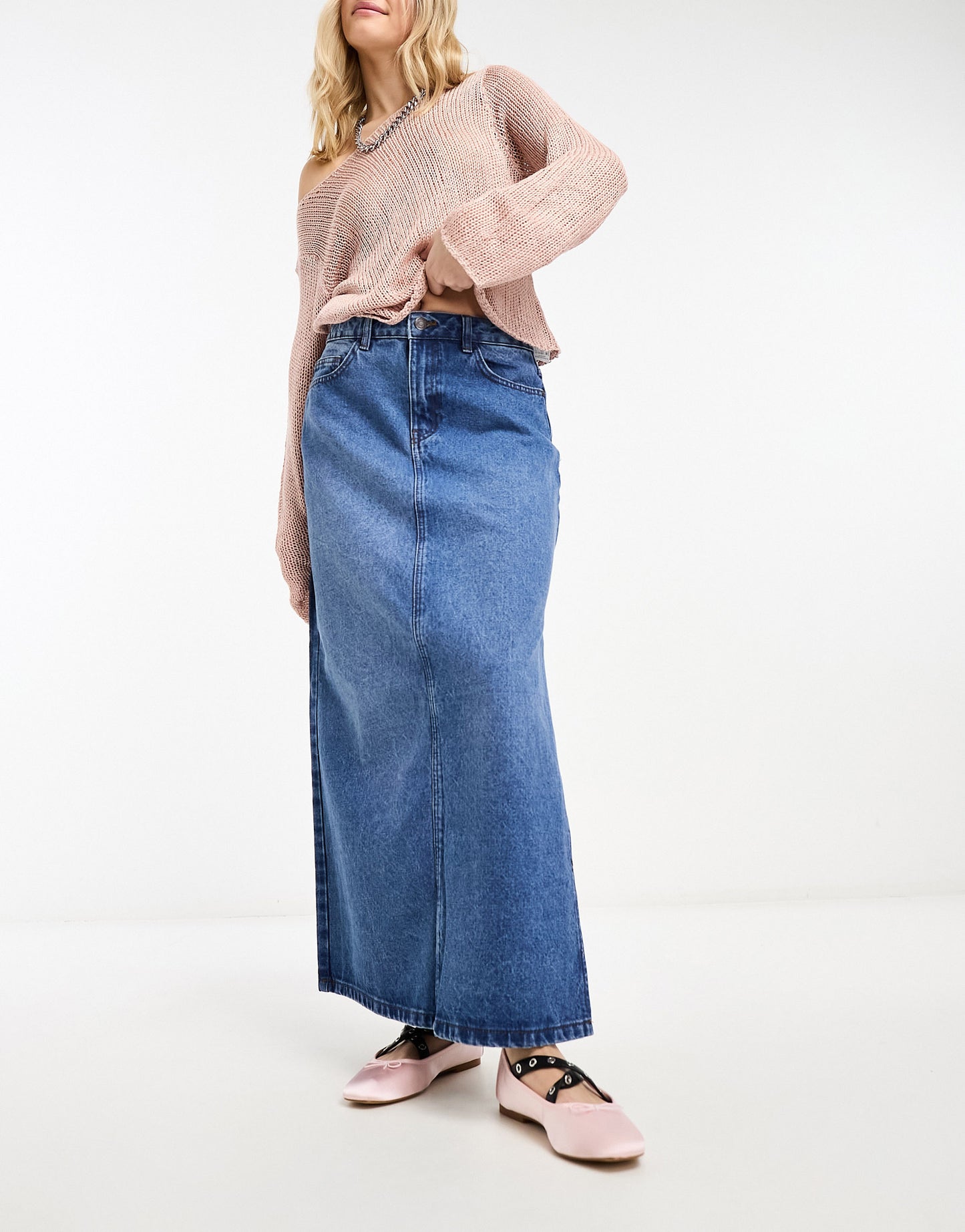 Noisy May denim maxi skirt in mid blue