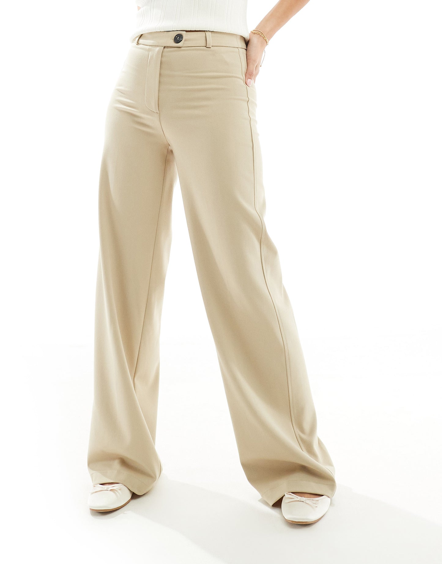 Bershka Petite wide leg dad trousers in sand