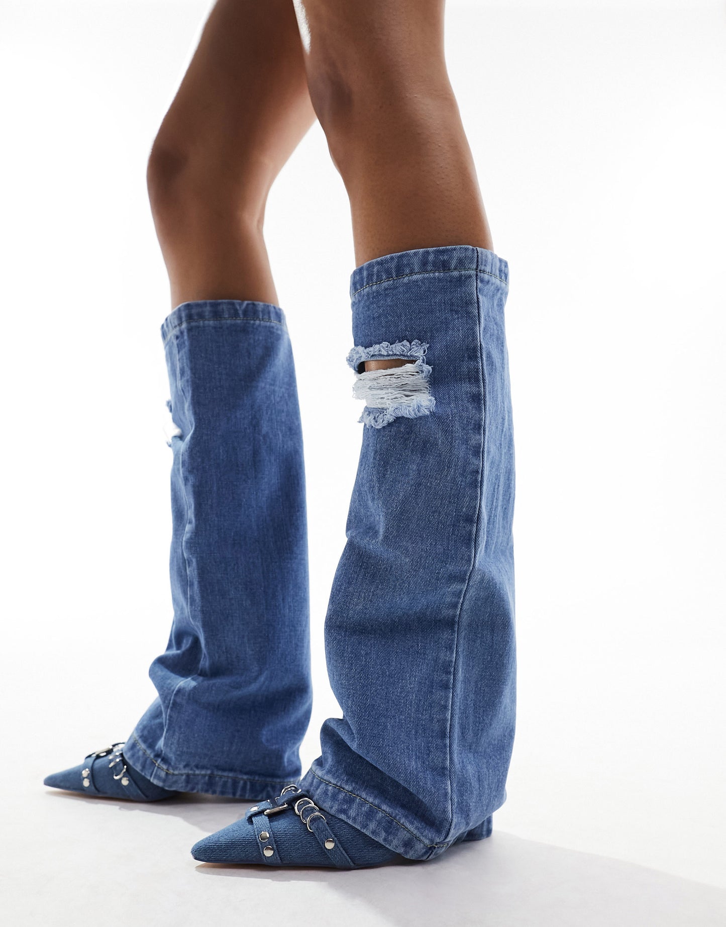 My Accessories London denim leg warmers in blue