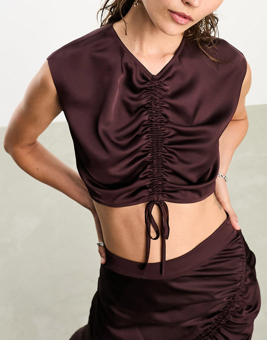 AllSaints x ASOS exclusive Carla co-ord rouched satin top in deep burgundy