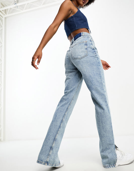 ASOS DESIGN Tall mid rise straight jean in mid wash blue with split hem