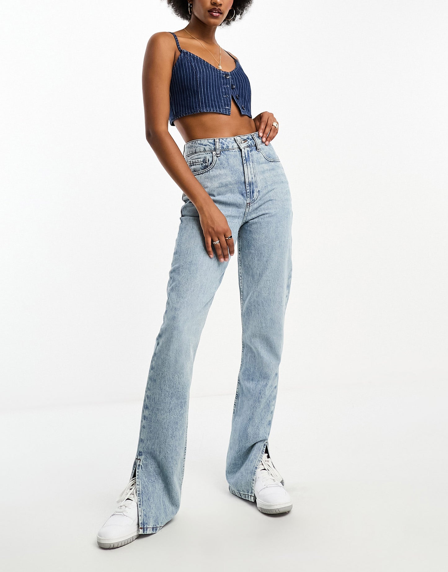 ASOS DESIGN Tall mid rise straight jean in mid wash blue with split hem