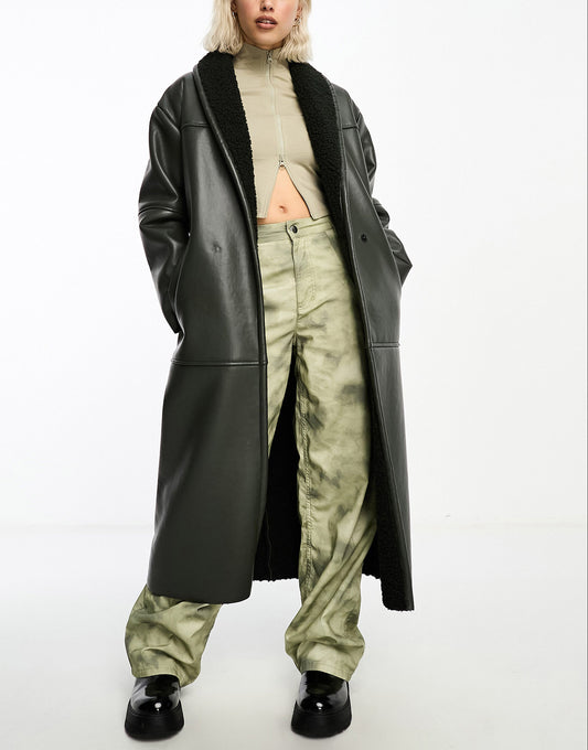 COLLUSION longline faux leather borg lined coat in khaki