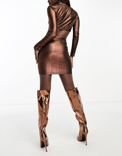 NaaNaa metallic bodycon mini dress with tie waist detail in bronze