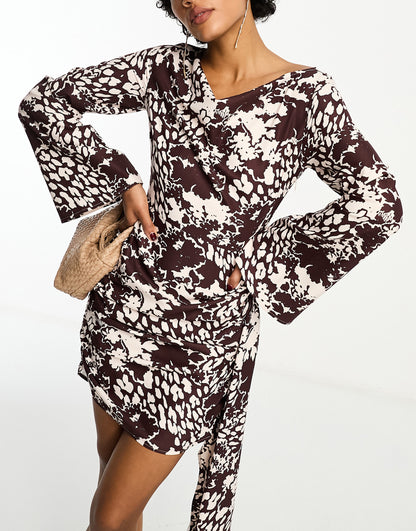 Day 6 wide sleeve mini dress with drape detail in chocolate animal print