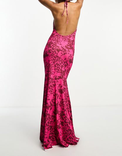 Day 6 cowl neck low back maxi dress in pink animal print