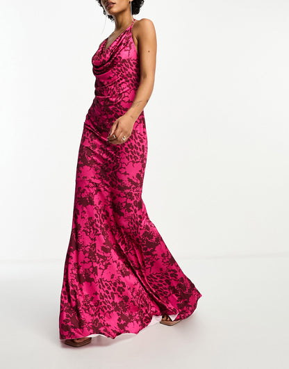 Day 6 cowl neck low back maxi dress in pink animal print