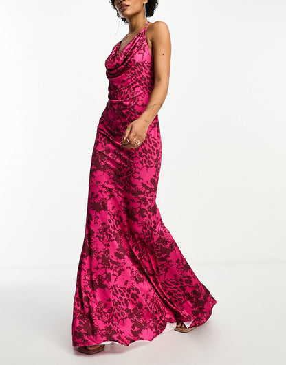 Day 6 cowl neck low back maxi dress in pink animal print