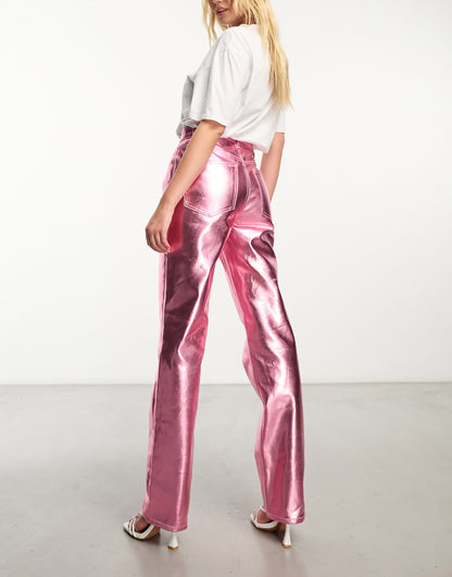 ASOS DESIGN mid rise straight jean in pink metallic