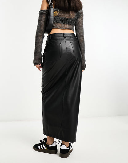 ASOS DESIGN faux leather maxi skirt with front split in black