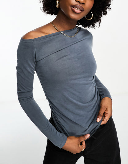 Weekday Main asymmetric rouched long sleeve top in dark blue