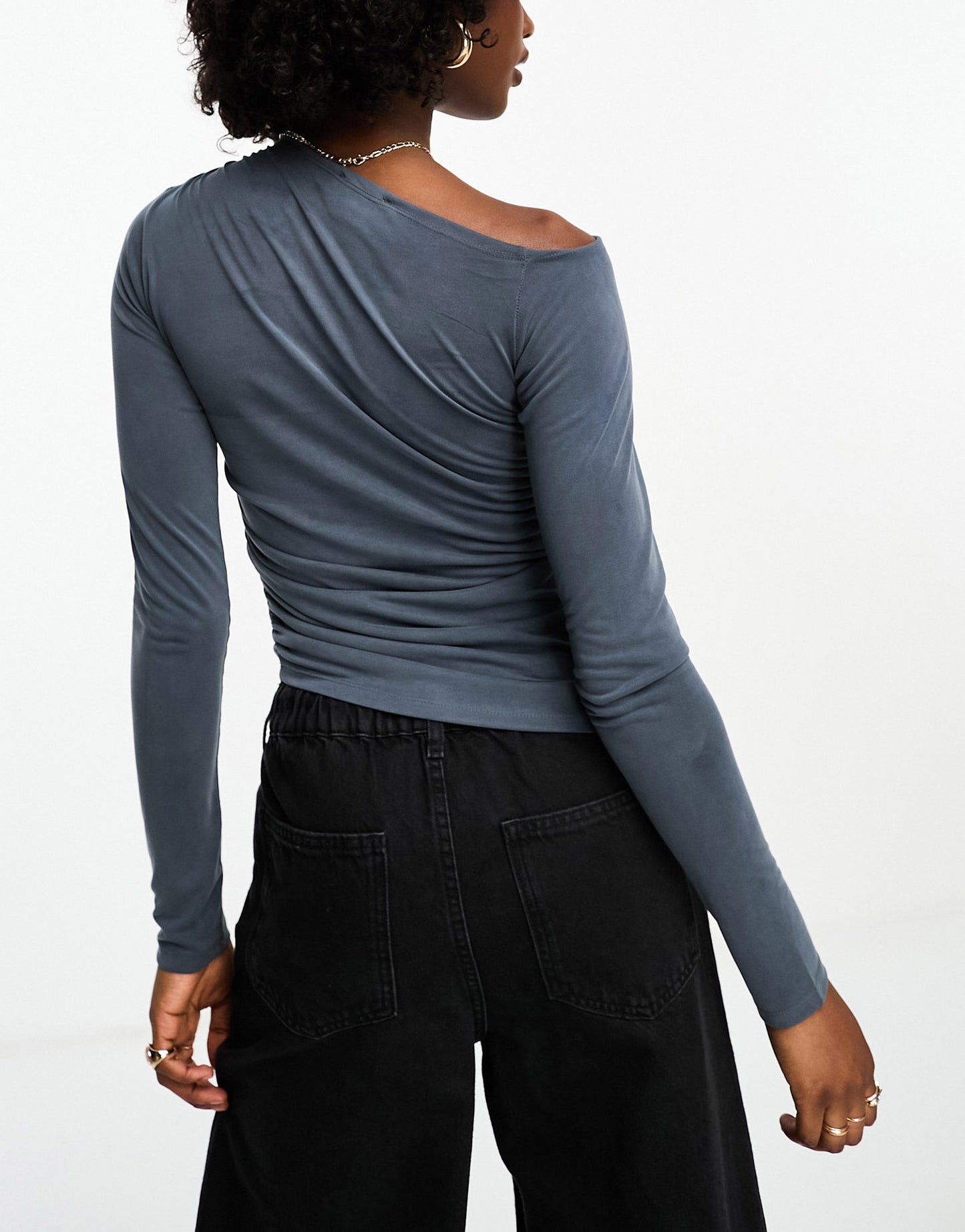 Weekday Main asymmetric rouched long sleeve top in dark blue