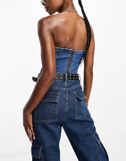 In The Style exclusive denim bandeau crop top co-ord in dark blue