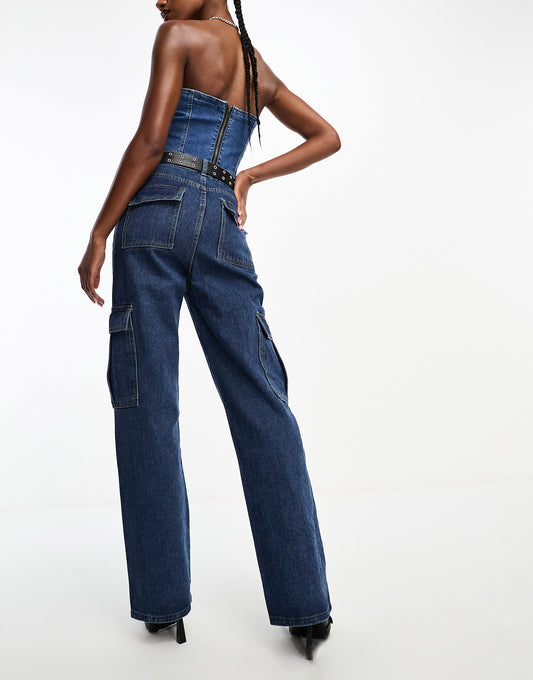 In The Style exclusive denim cargo wide leg jeans co-ord in dark blue