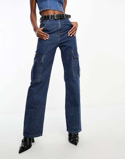 In The Style exclusive denim cargo wide leg jeans co-ord in dark blue