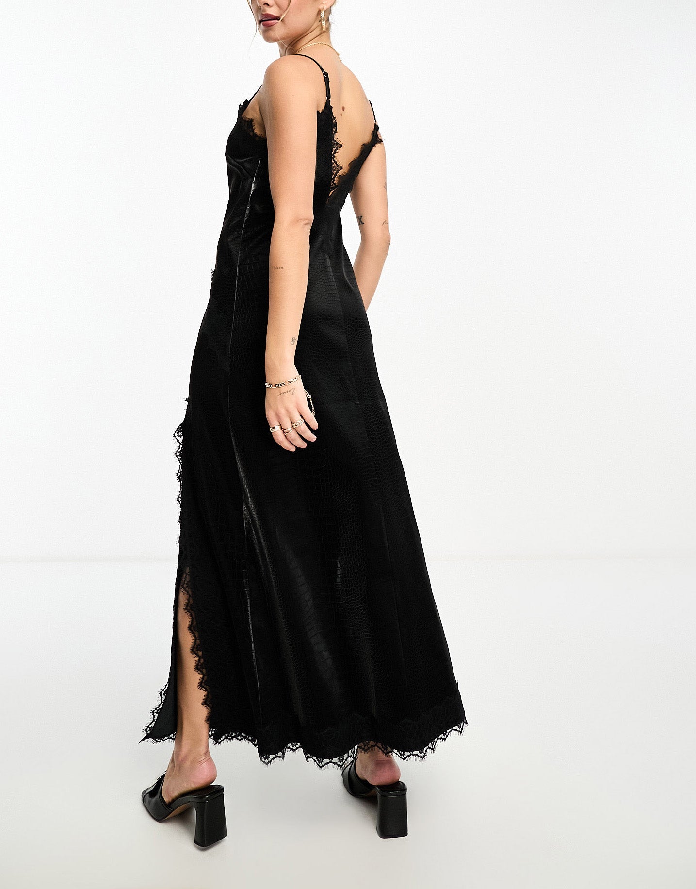 Miss Selfridge  lace trim faux leather croc maxi dress in black