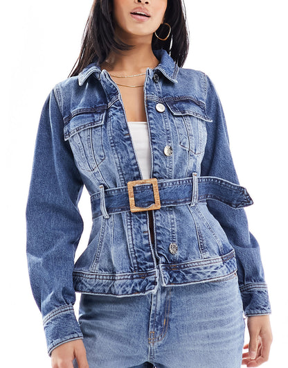 River Island Petite denim jacket with belted waist in blue