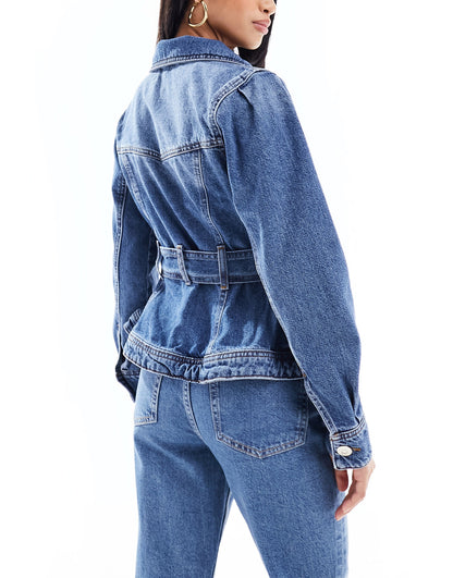 River Island Petite denim jacket with belted waist in blue