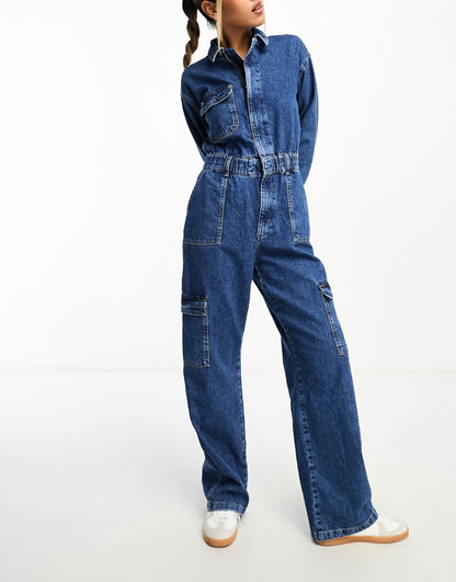 River Island long sleeve cargo denim boilersuit in dark denim