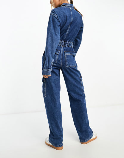 River Island long sleeve cargo denim boilersuit in dark denim