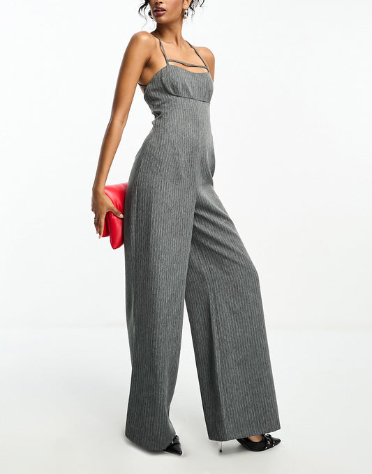 ASOS DESIGN tailored strappy jumpsuit in grey stripe