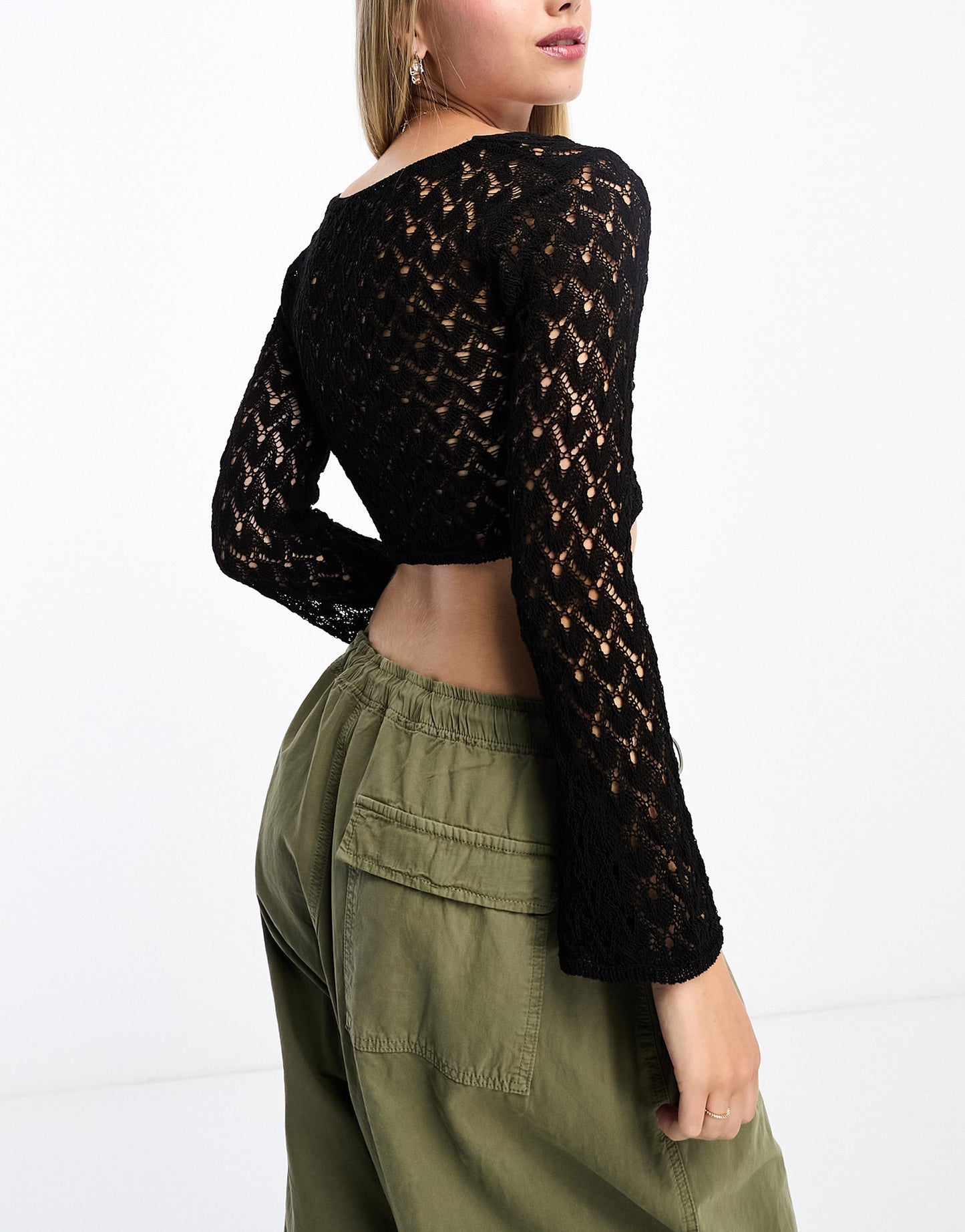 Pull&Bear twist front pointelle crop long sleeved top in black