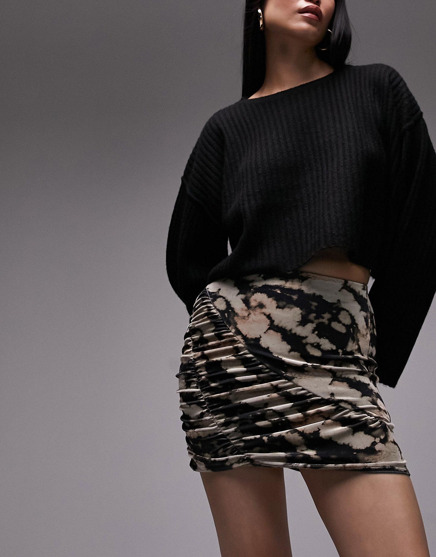 Topshop printed velvet ruched mini skirt in multi