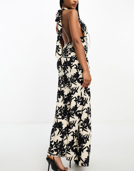 In The Style x Georgia Louise cowl neck fishtail maxi dress in mono print